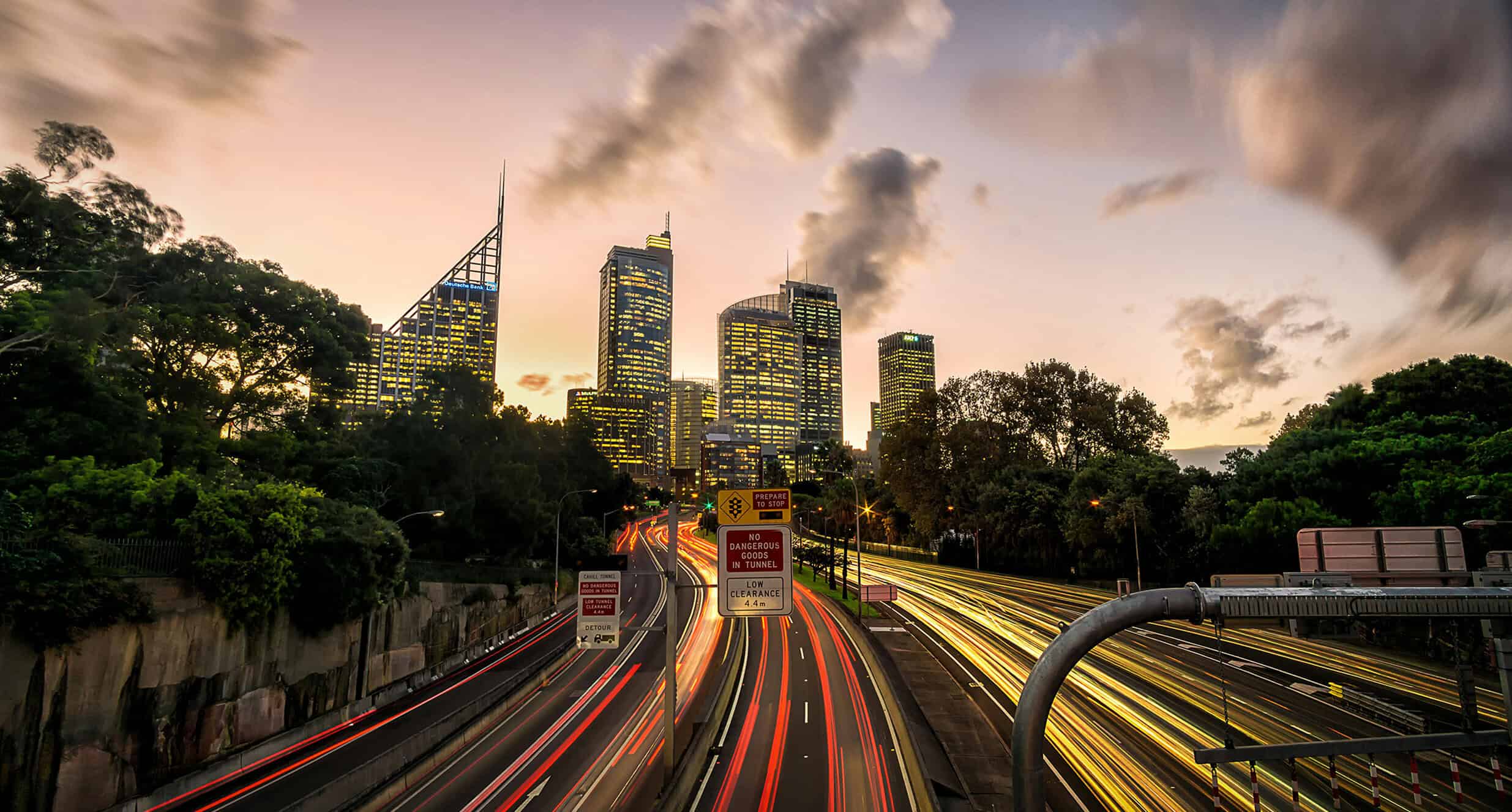 City skyline at dusk